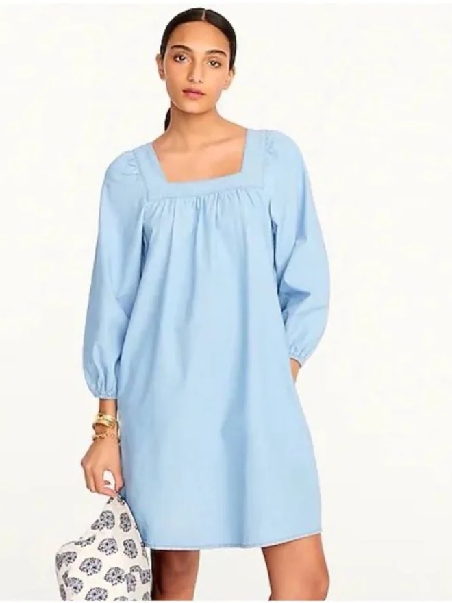 J.Crew Chambray Square Neck Puff Sleeve Shift Dress Size Small